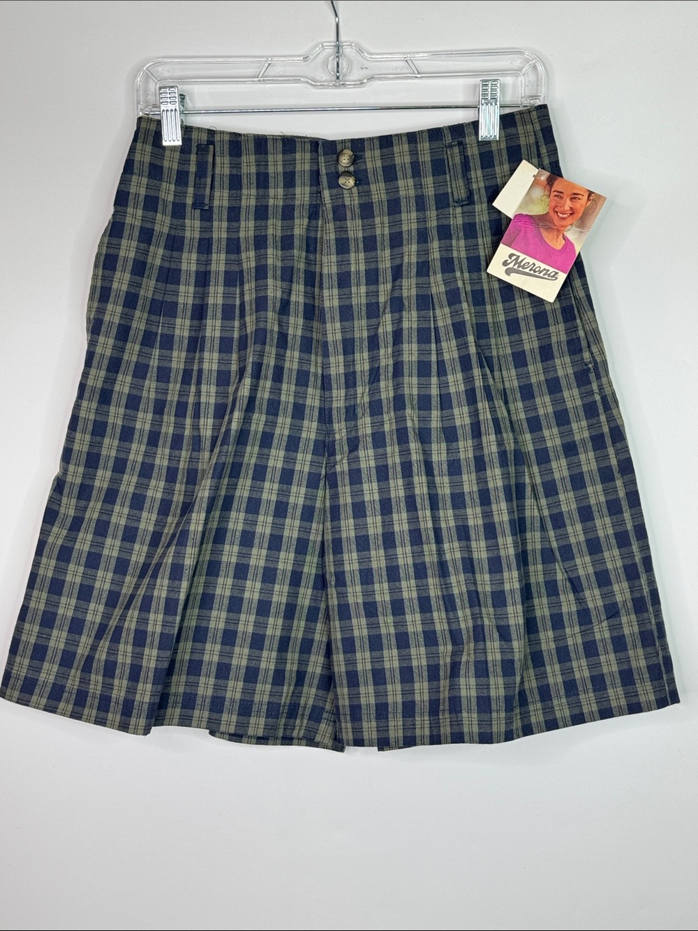 Vintage Merona Pleated Blue Green Plaid Cotton Shorts 80s Size 12 NWT